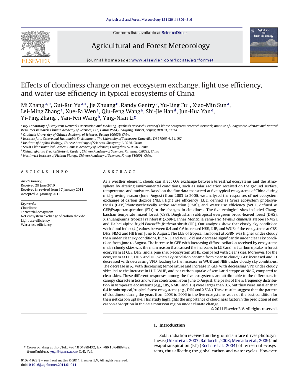 Effects of cloudiness change on net ecosystem exchange, light use efficiency, and water use efficiency in typical ecosystems of China