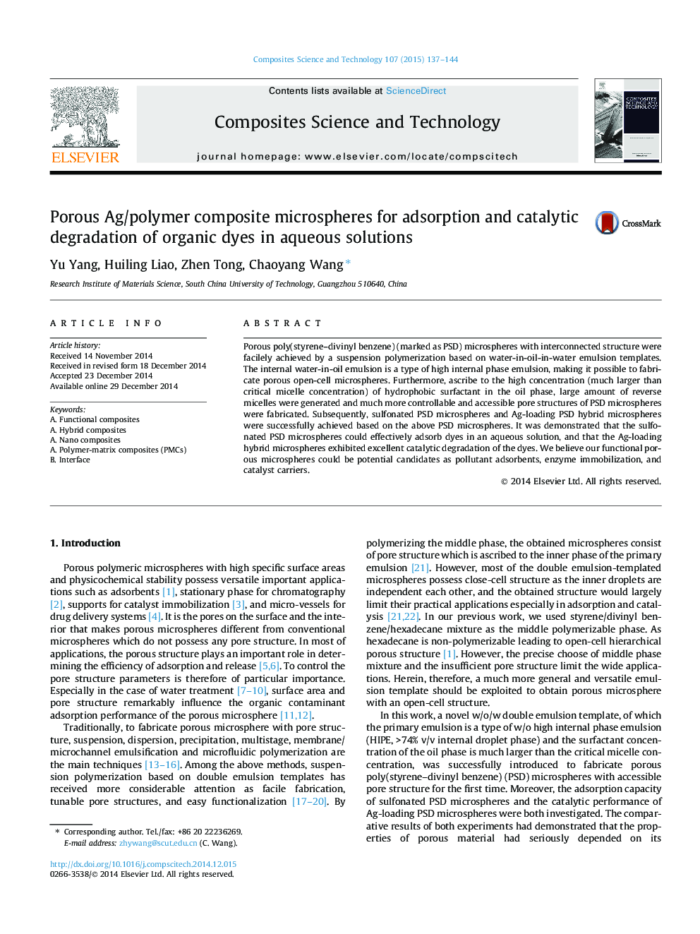 Porous Ag/polymer composite microspheres for adsorption and catalytic degradation of organic dyes in aqueous solutions