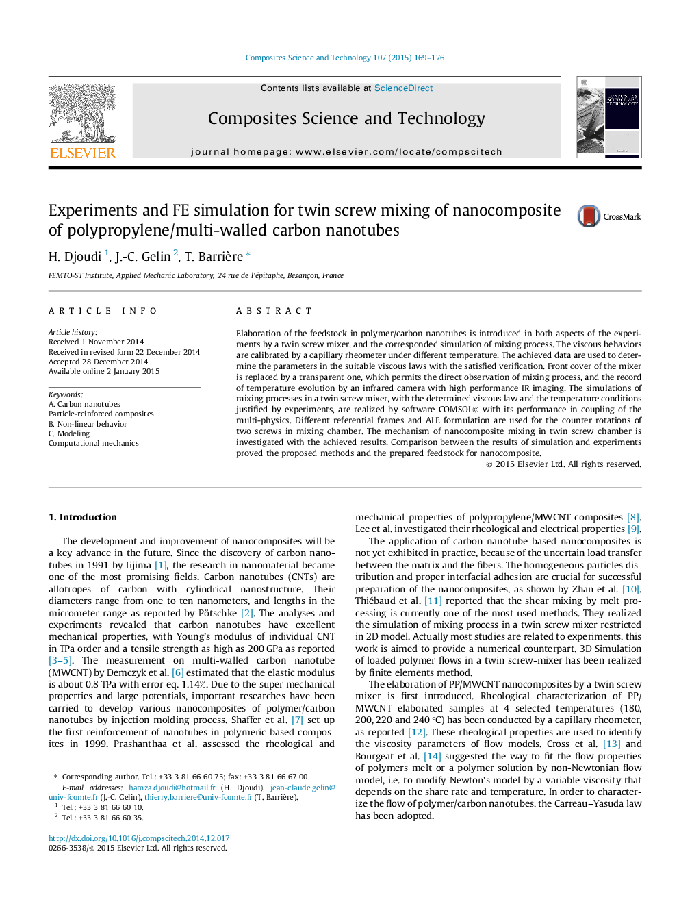 Experiments and FE simulation for twin screw mixing of nanocomposite of polypropylene/multi-walled carbon nanotubes