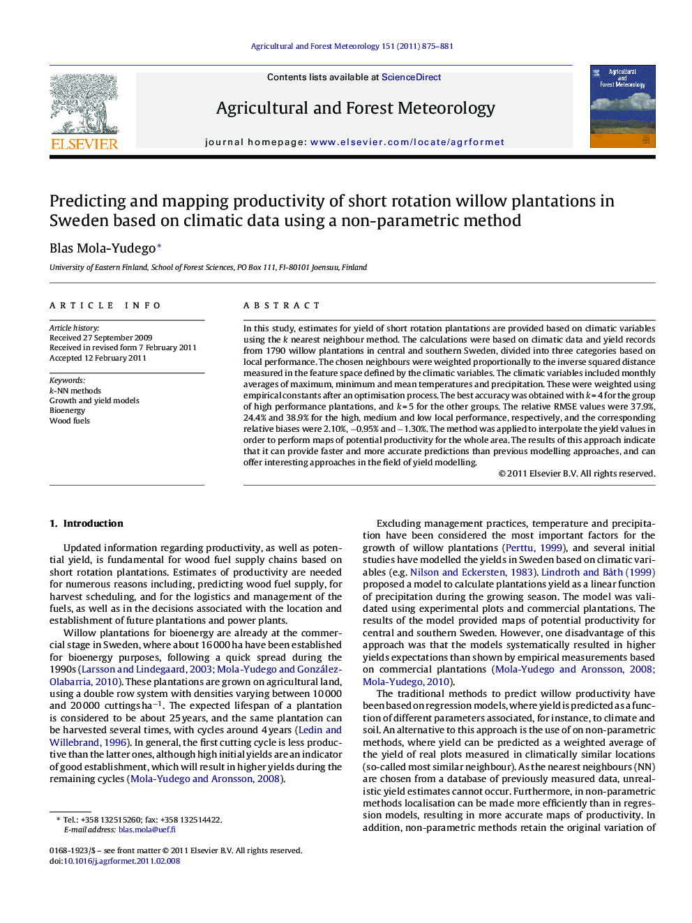 Predicting and mapping productivity of short rotation willow plantations in Sweden based on climatic data using a non-parametric method