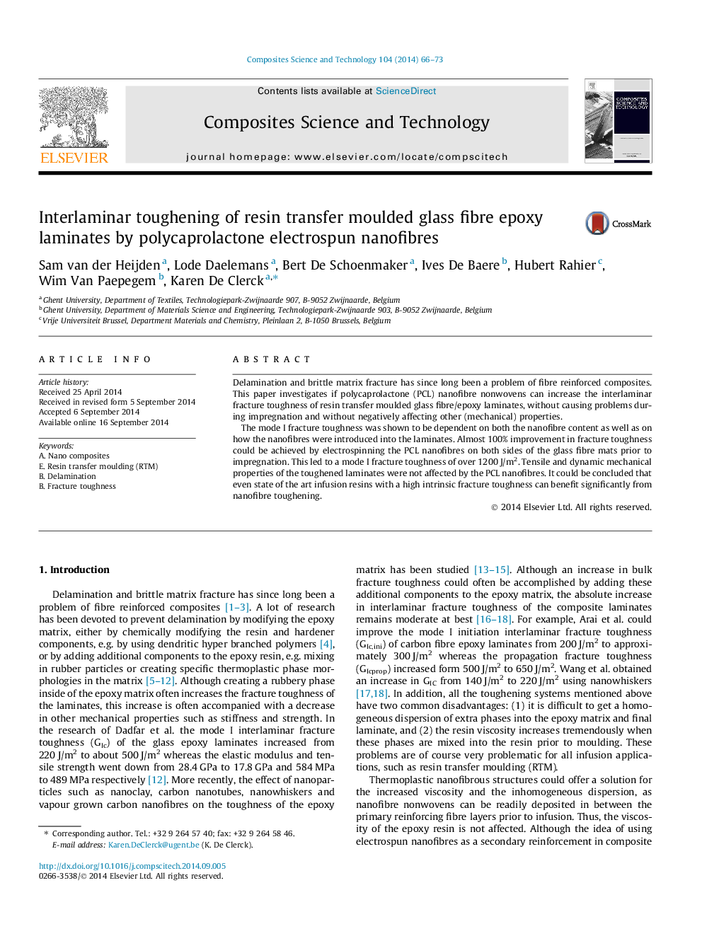 Interlaminar toughening of resin transfer moulded glass fibre epoxy laminates by polycaprolactone electrospun nanofibres