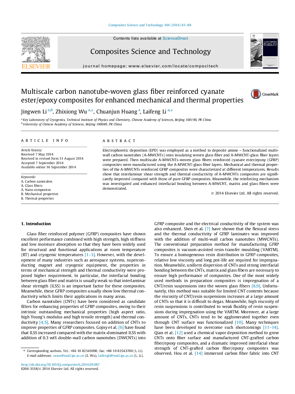 Multiscale carbon nanotube-woven glass fiber reinforced cyanate ester/epoxy composites for enhanced mechanical and thermal properties