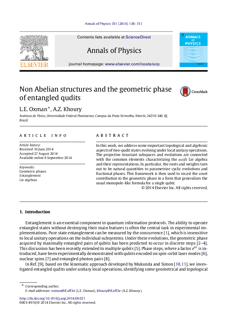 عکس صفحه اول مقاله: Non Abelian structures and the geometric phase of entangled qudits Non Abelian structures and the geometric phase of entangled qudits