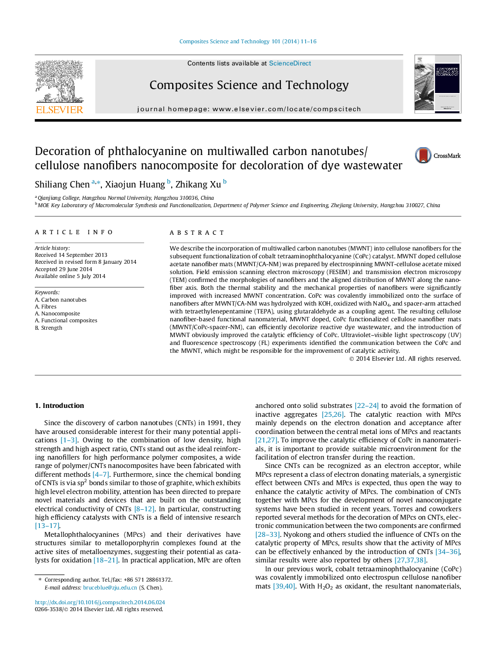 Decoration of phthalocyanine on multiwalled carbon nanotubes/cellulose nanofibers nanocomposite for decoloration of dye wastewater