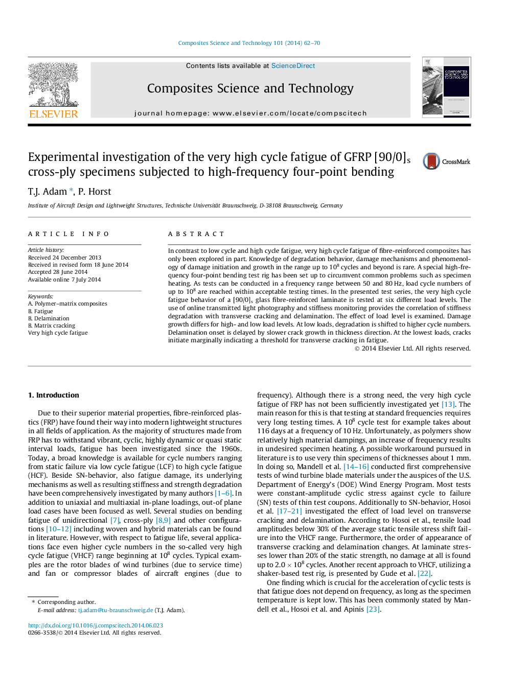 Experimental investigation of the very high cycle fatigue of GFRP [90/0]s cross-ply specimens subjected to high-frequency four-point bending