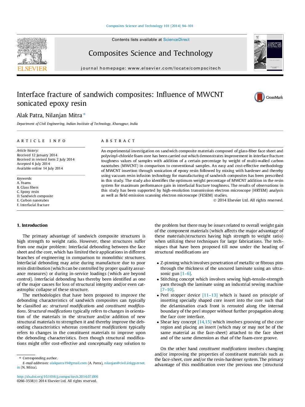 Interface fracture of sandwich composites: Influence of MWCNT sonicated epoxy resin