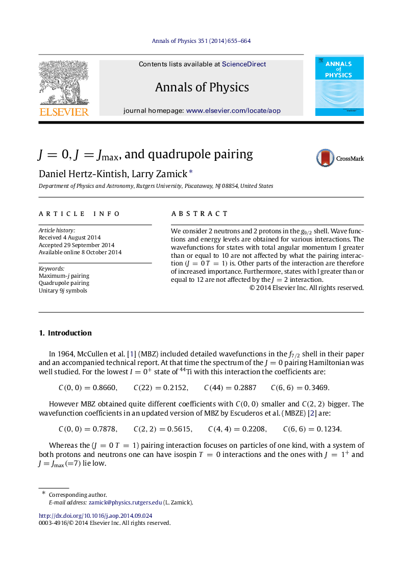 J=0,J=Jmax, and quadrupole pairing