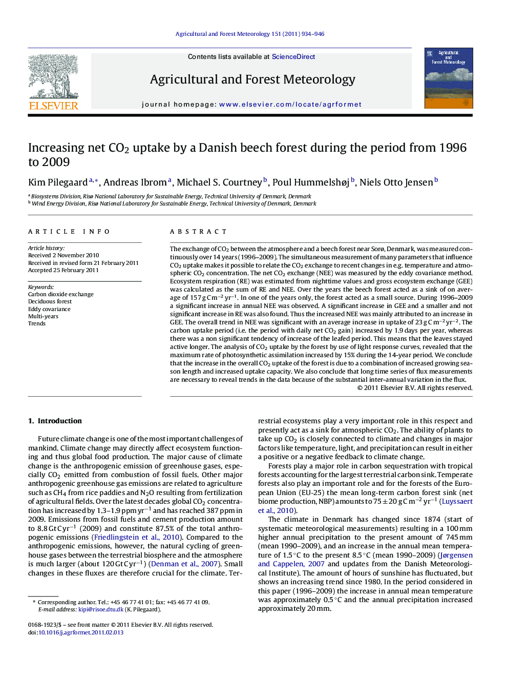 Increasing net CO2 uptake by a Danish beech forest during the period from 1996 to 2009