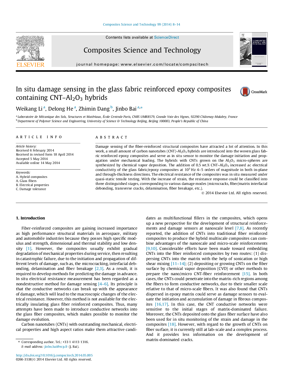 In situ damage sensing in the glass fabric reinforced epoxy composites containing CNT-Al2O3 hybrids