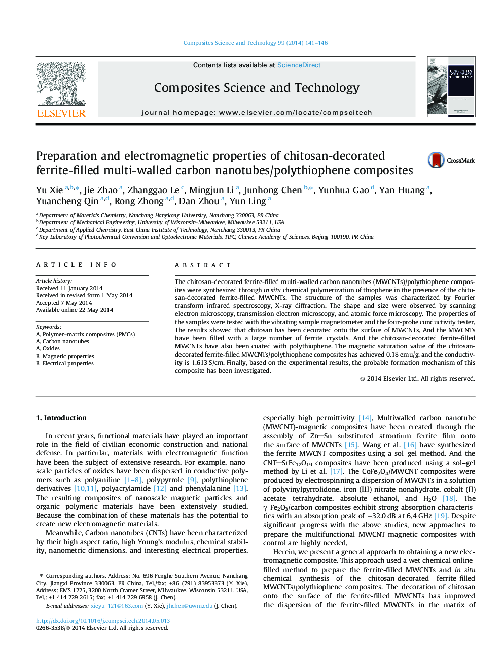 Preparation and electromagnetic properties of chitosan-decorated ferrite-filled multi-walled carbon nanotubes/polythiophene composites