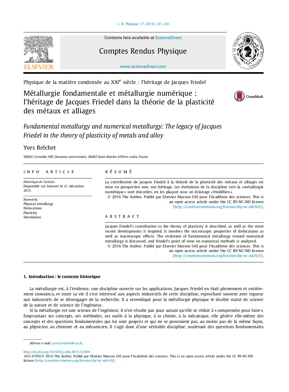 Métallurgie fondamentale et métallurgie numérique : l'héritage de Jacques Friedel dans la théorie de la plasticité des métaux et alliages