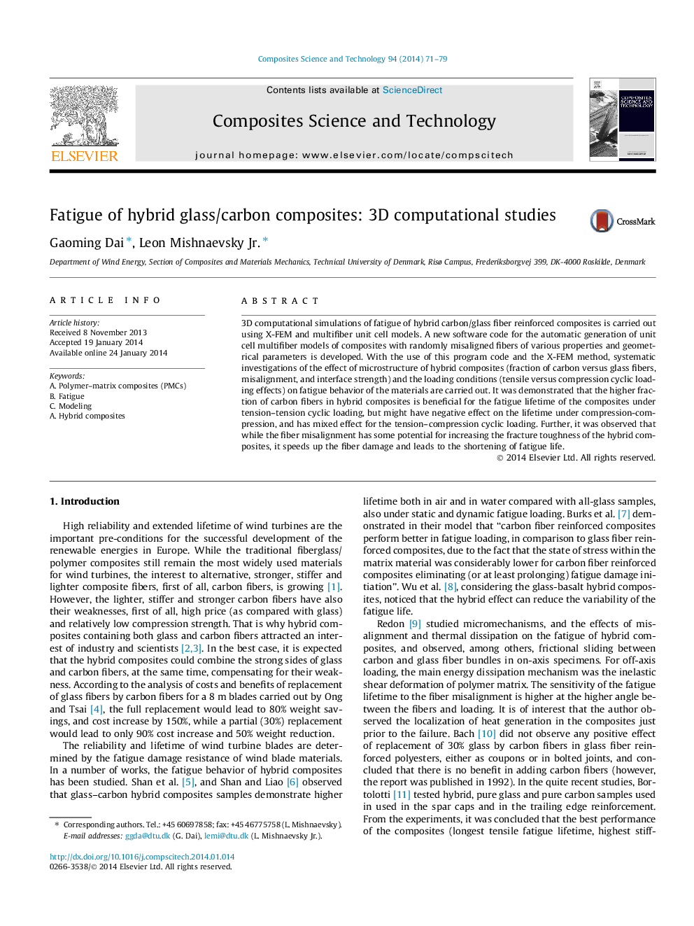 Fatigue of hybrid glass/carbon composites: 3D computational studies