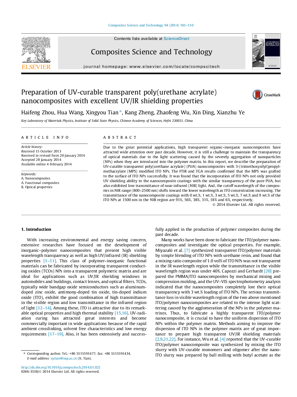 Preparation of UV-curable transparent poly(urethane acrylate) nanocomposites with excellent UV/IR shielding properties