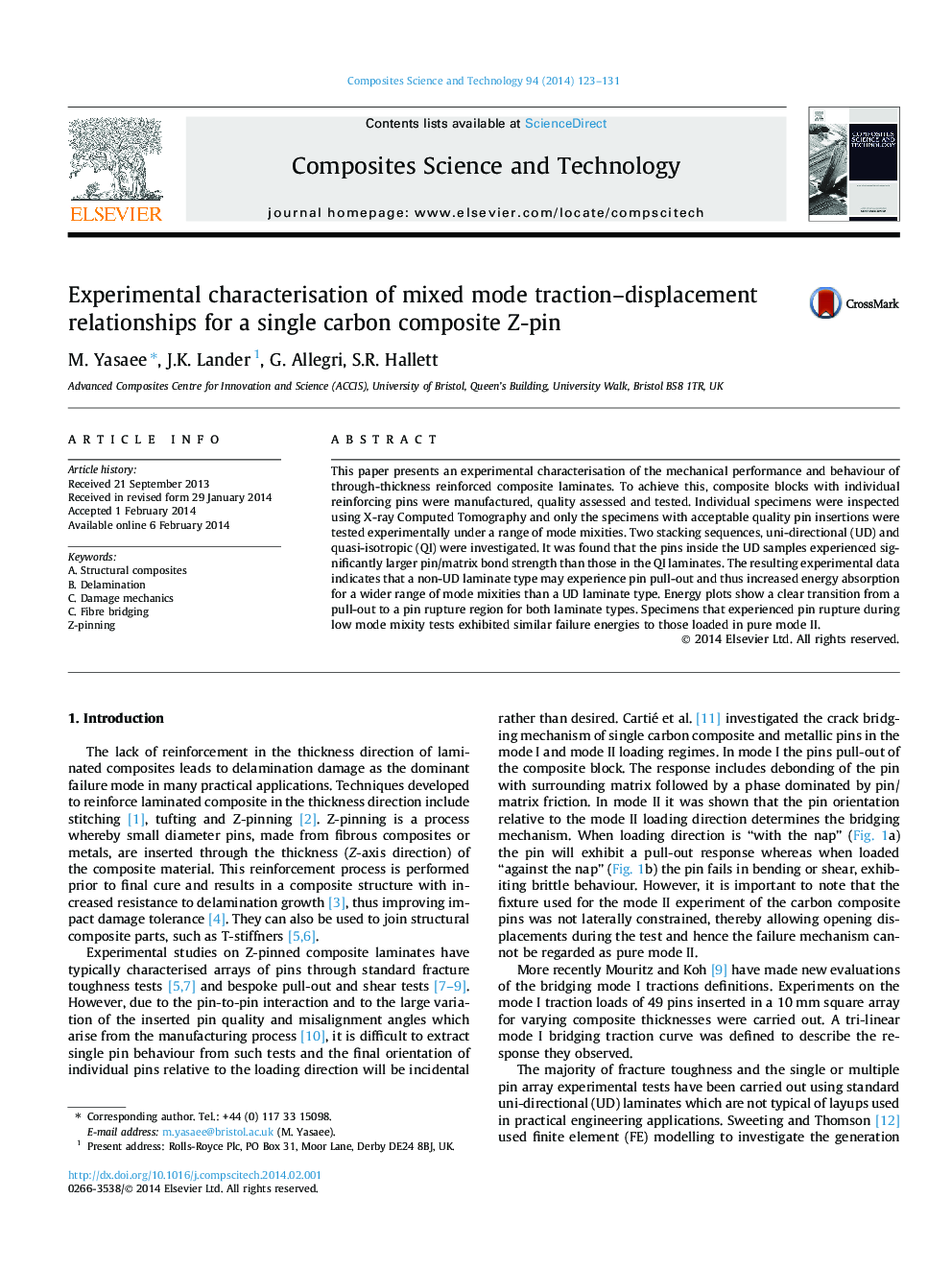 Experimental characterisation of mixed mode traction-displacement relationships for a single carbon composite Z-pin