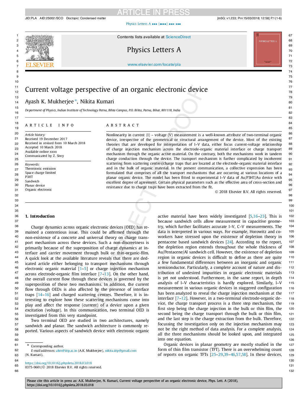 Current voltage perspective of an organic electronic device