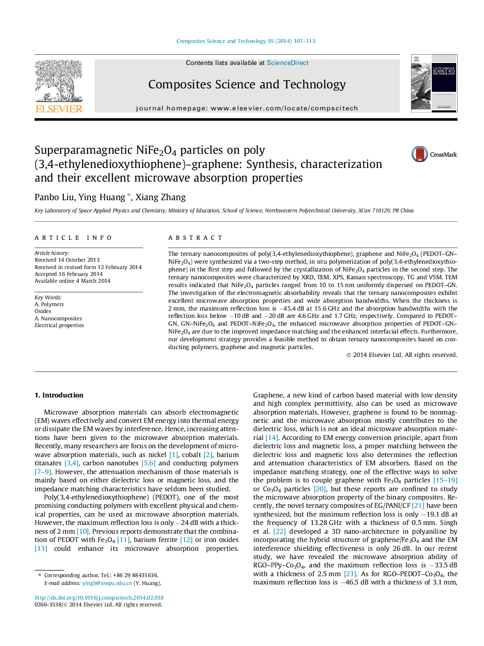 Superparamagnetic NiFe2O4 particles on poly(3,4-ethylenedioxythiophene)–graphene: Synthesis, characterization and their excellent microwave absorption properties