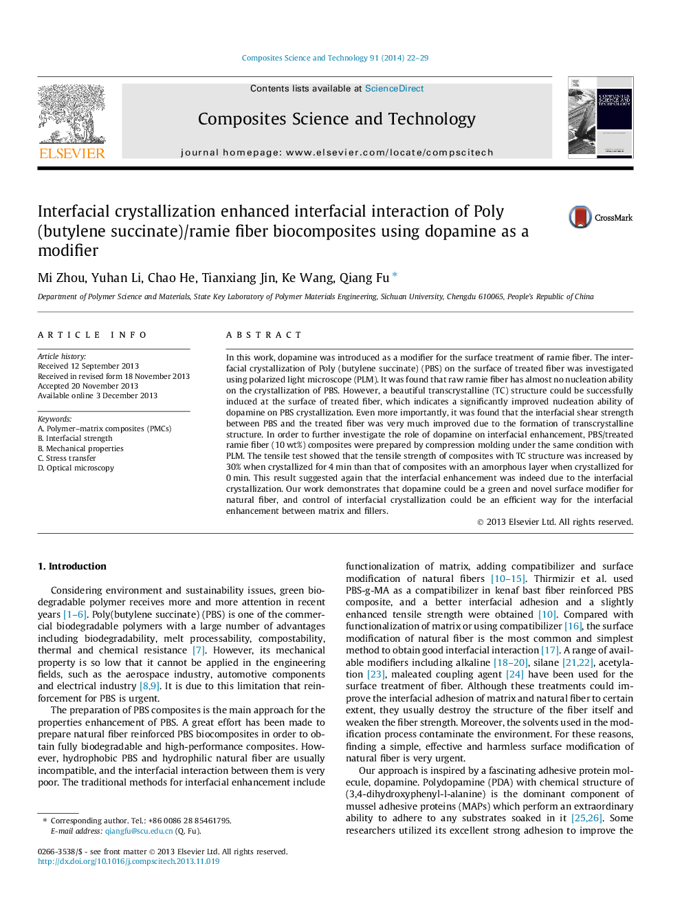 Interfacial crystallization enhanced interfacial interaction of Poly (butylene succinate)/ramie fiber biocomposites using dopamine as a modifier