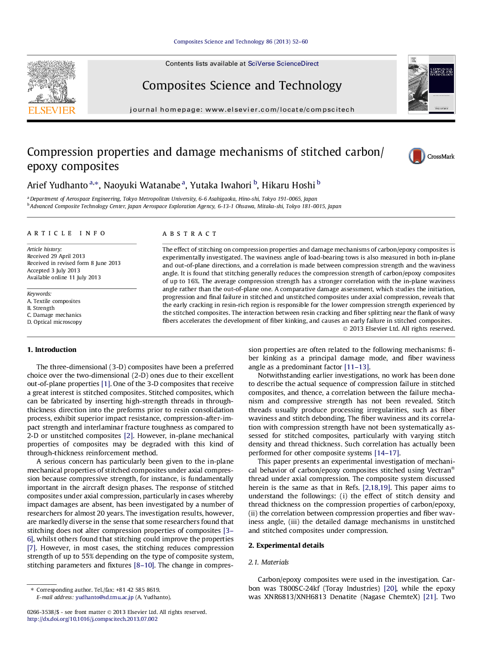 Compression properties and damage mechanisms of stitched carbon/epoxy composites