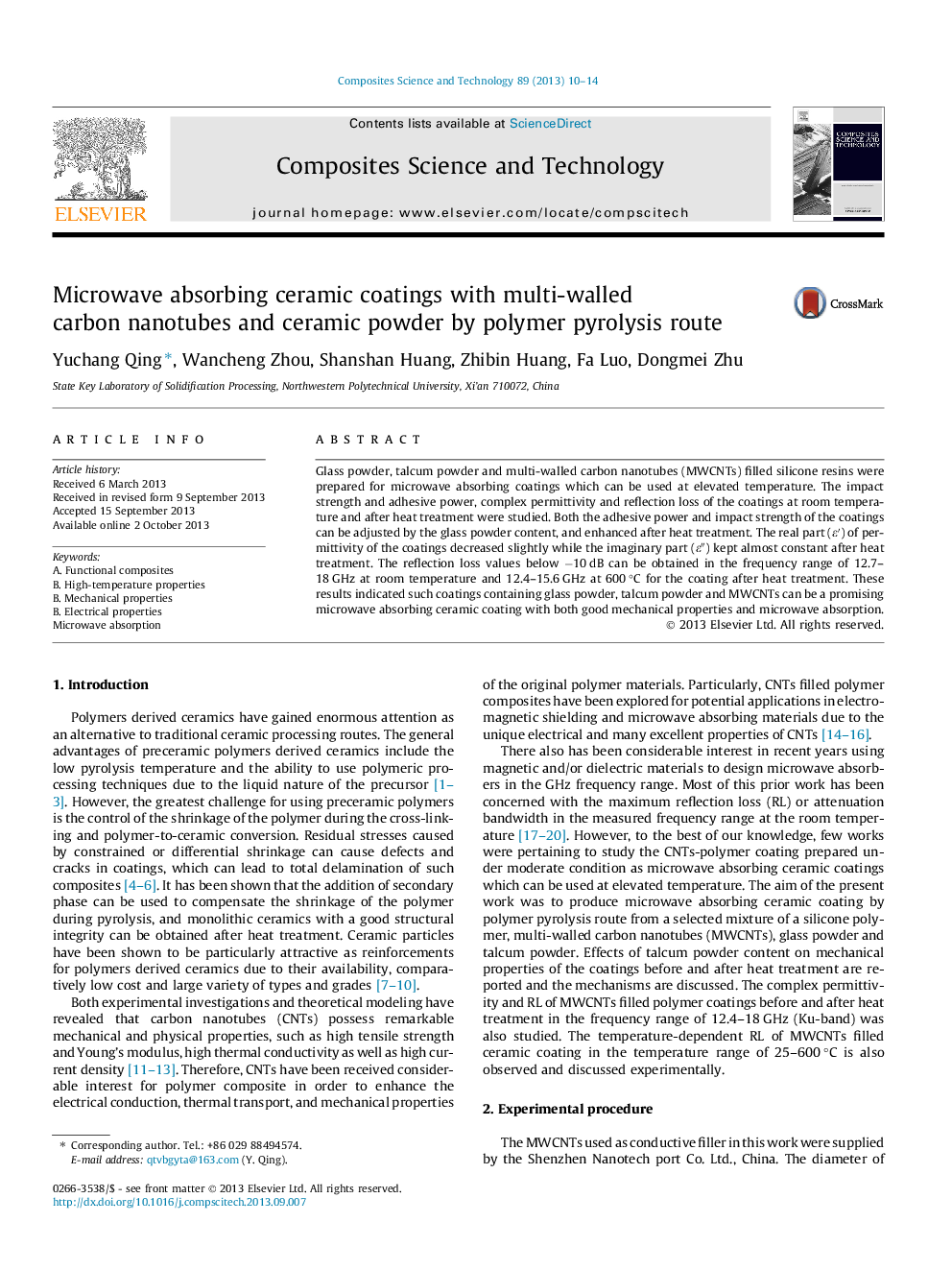 Microwave absorbing ceramic coatings with multi-walled carbon nanotubes and ceramic powder by polymer pyrolysis route