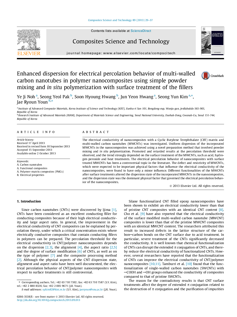 Enhanced dispersion for electrical percolation behavior of multi-walled carbon nanotubes in polymer nanocomposites using simple powder mixing and in situ polymerization with surface treatment of the fillers