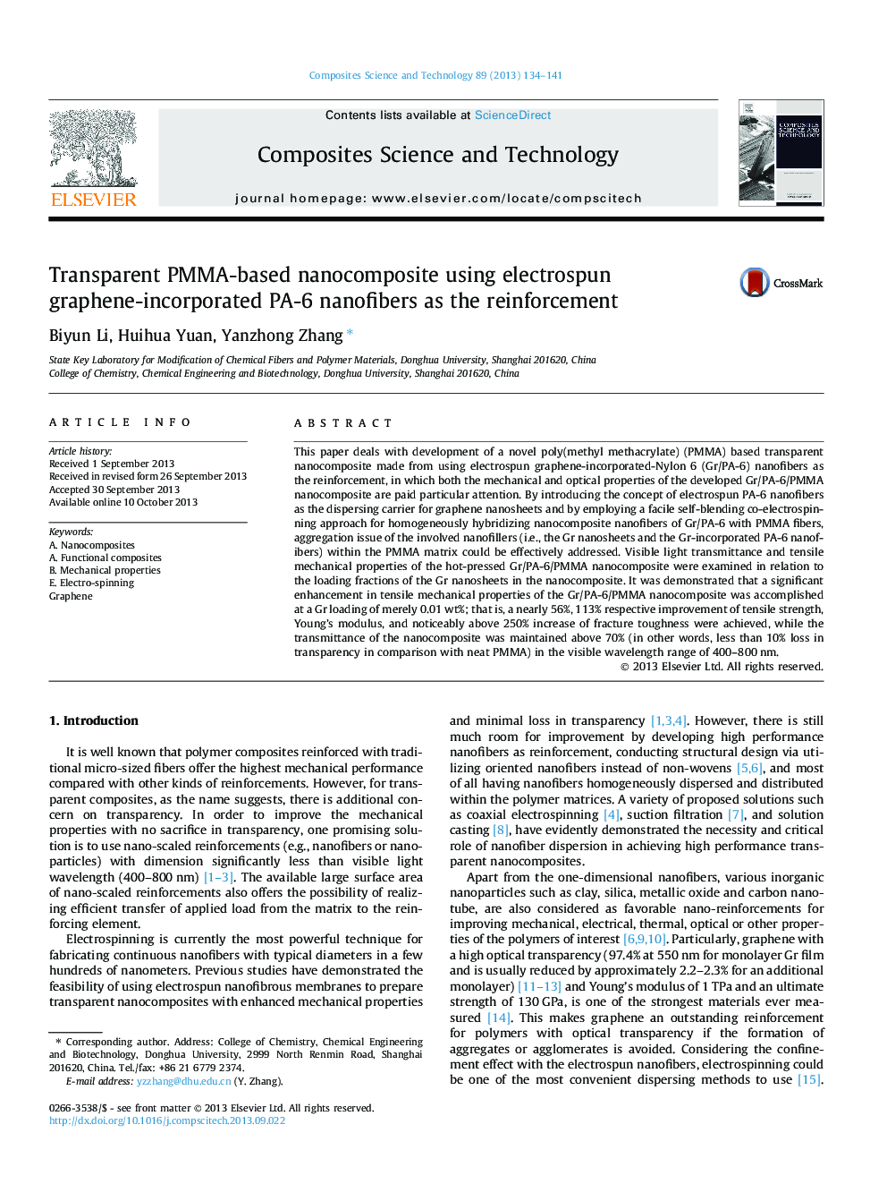 Transparent PMMA-based nanocomposite using electrospun graphene-incorporated PA-6 nanofibers as the reinforcement