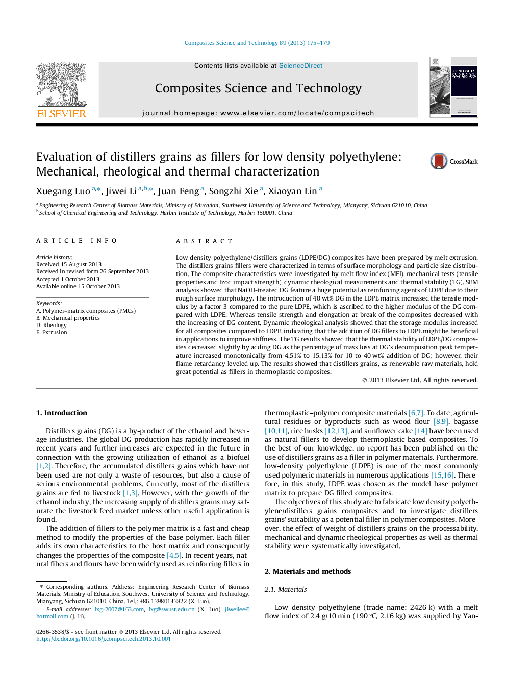 عکس صفحه اول مقاله: Evaluation of distillers grains as fillers for low density polyethylene: Mechanical, rheological and thermal characterization Evaluation of distillers grains as fillers for low density polyethylene: Mechanical, rheological and thermal characterization