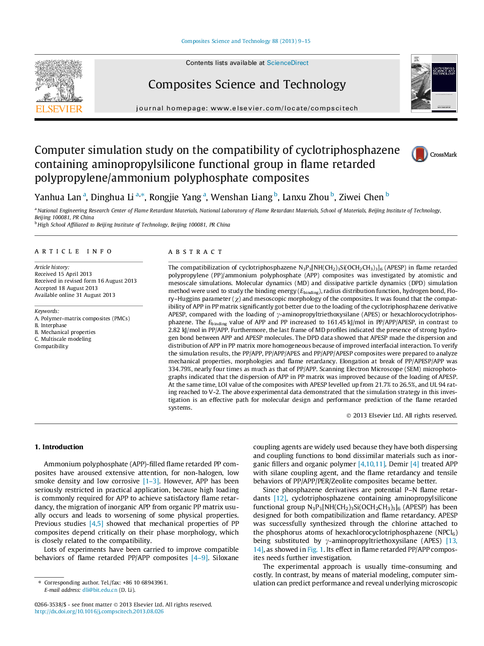 Computer simulation study on the compatibility of cyclotriphosphazene containing aminopropylsilicone functional group in flame retarded polypropylene/ammonium polyphosphate composites