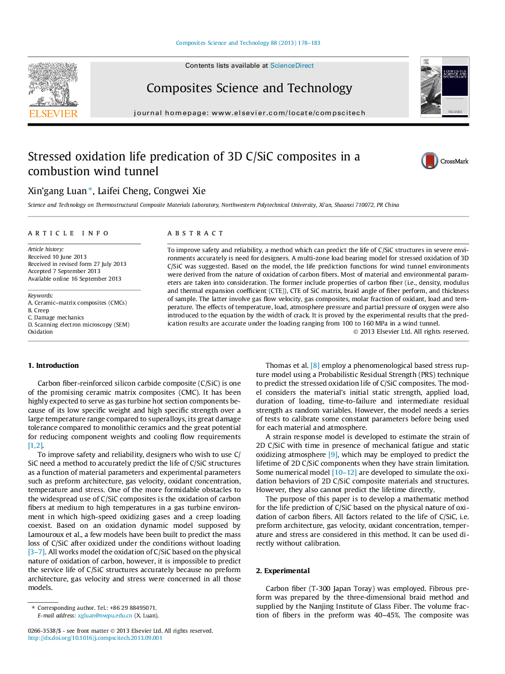 Stressed oxidation life predication of 3D C/SiC composites in a combustion wind tunnel