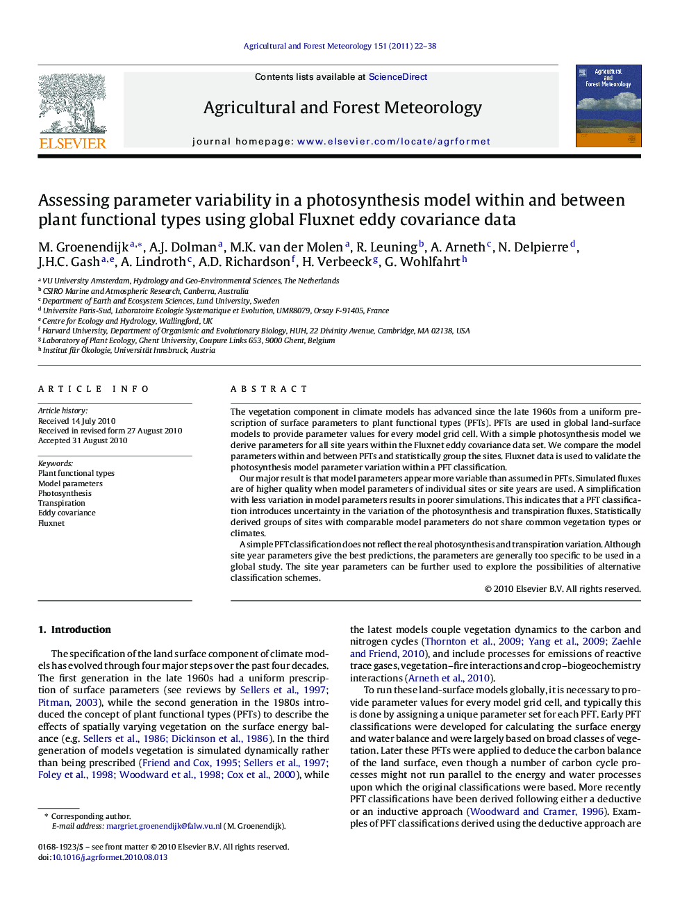 Assessing parameter variability in a photosynthesis model within and between plant functional types using global Fluxnet eddy covariance data