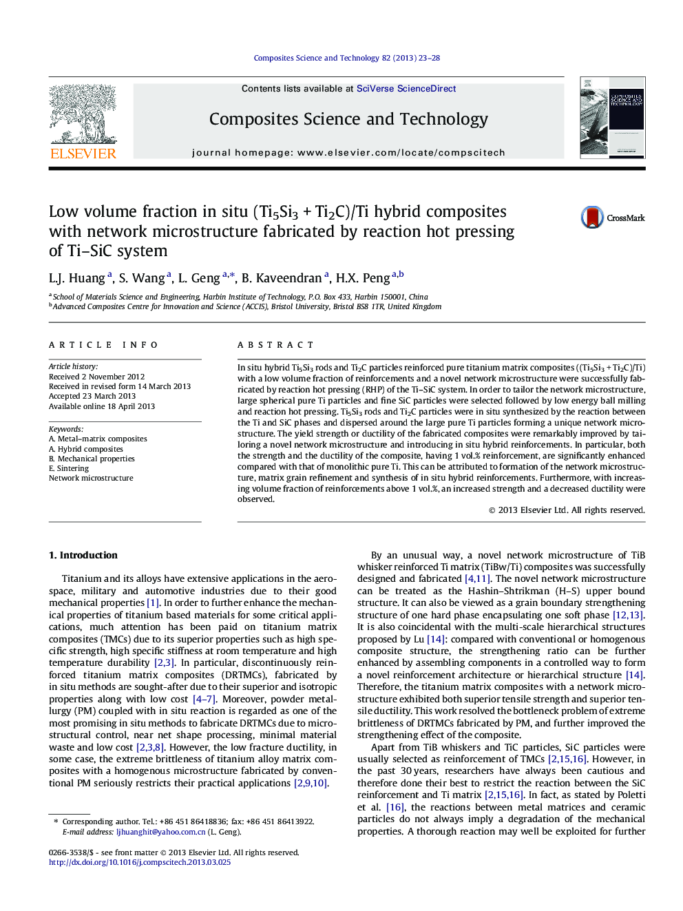 Low volume fraction in situ (Ti5Si3 + Ti2C)/Ti hybrid composites with network microstructure fabricated by reaction hot pressing of Ti–SiC system