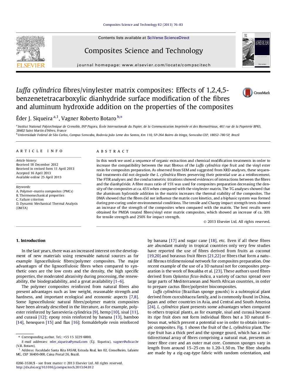 عکس صفحه اول مقاله: Luffa cylindrica fibres/vinylester matrix composites: Effects of 1,2,4,5-benzenetetracarboxylic dianhydride surface modification of the fibres and aluminum hydroxide addition on the properties of the composites Luffa cylindrica fibres/vinylester matrix composites: Effects of 1,2,4,5-benzenetetracarboxylic dianhydride surface modification of the fibres and aluminum hydroxide addition on the properties of the composites