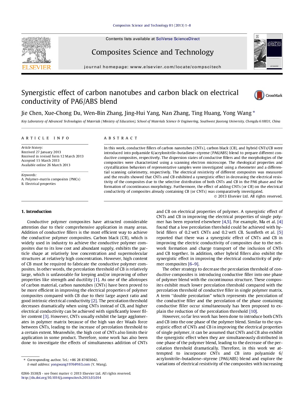 Synergistic effect of carbon nanotubes and carbon black on electrical conductivity of PA6/ABS blend