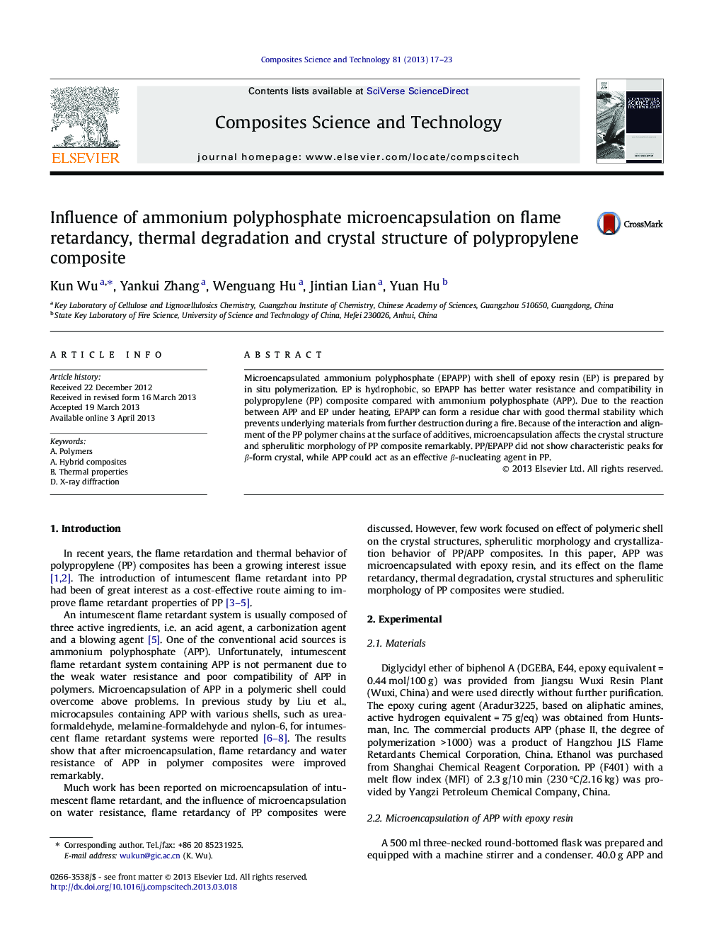 Influence of ammonium polyphosphate microencapsulation on flame retardancy, thermal degradation and crystal structure of polypropylene composite