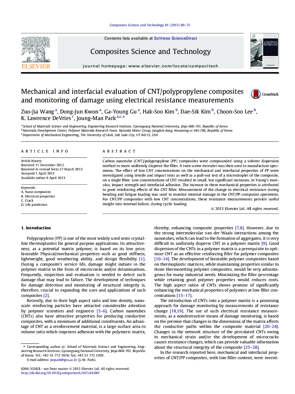 Mechanical and interfacial evaluation of CNT/polypropylene composites and monitoring of damage using electrical resistance measurements