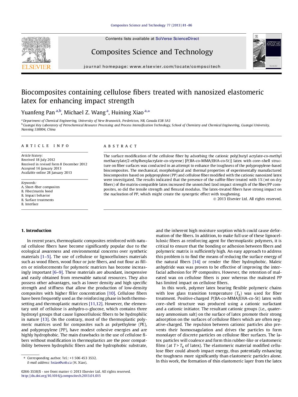 Biocomposites containing cellulose fibers treated with nanosized elastomeric latex for enhancing impact strength