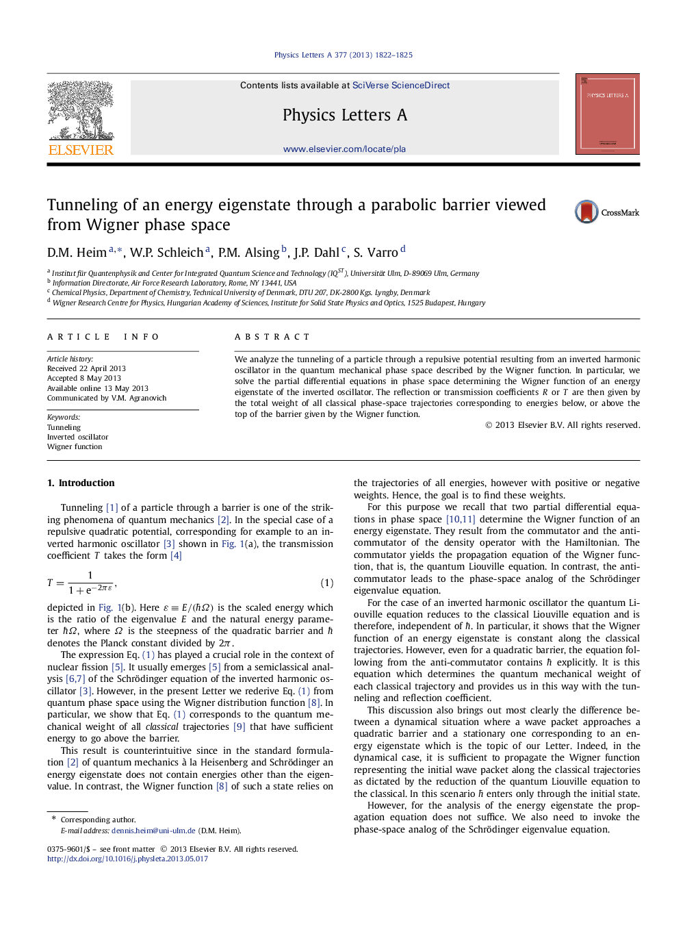 Tunneling of an energy eigenstate through a parabolic barrier viewed from Wigner phase space