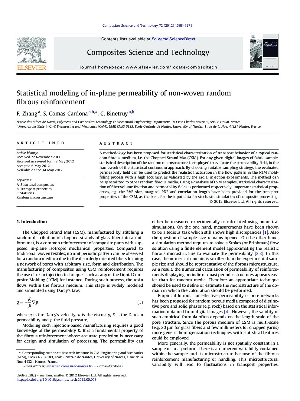 Statistical modeling of in-plane permeability of non-woven random fibrous reinforcement