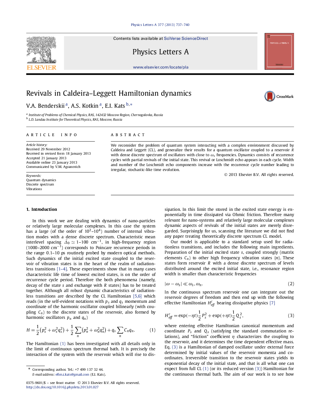 Revivals in Caldeira-Leggett Hamiltonian dynamics