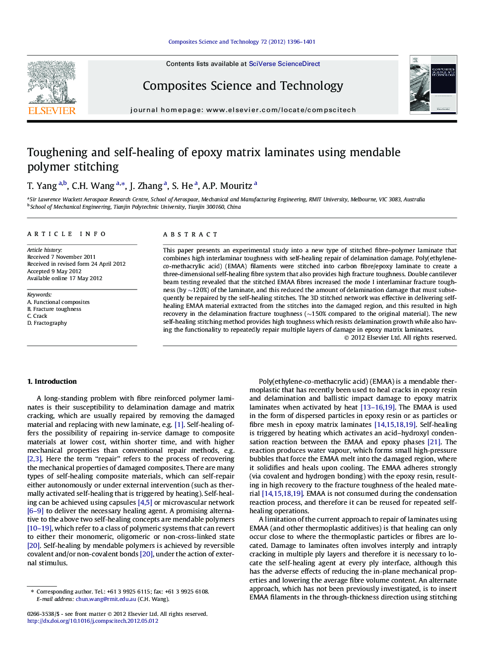 Toughening and self-healing of epoxy matrix laminates using mendable polymer stitching