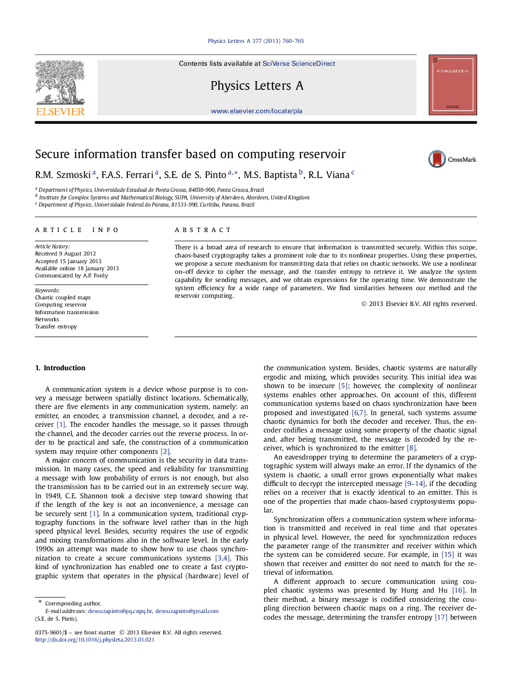 Secure information transfer based on computing reservoir