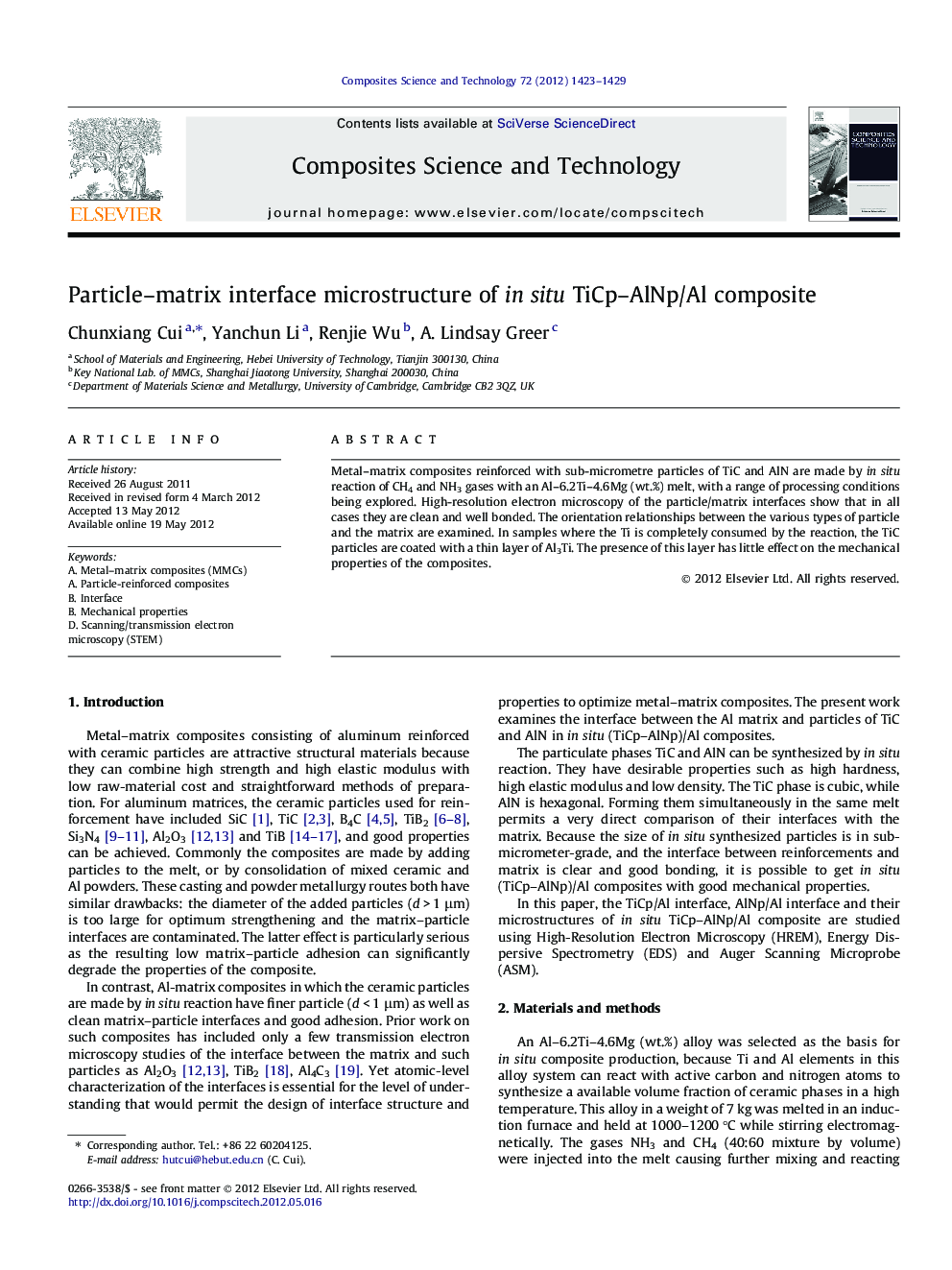 Particle–matrix interface microstructure of in situ TiCp–AlNp/Al composite