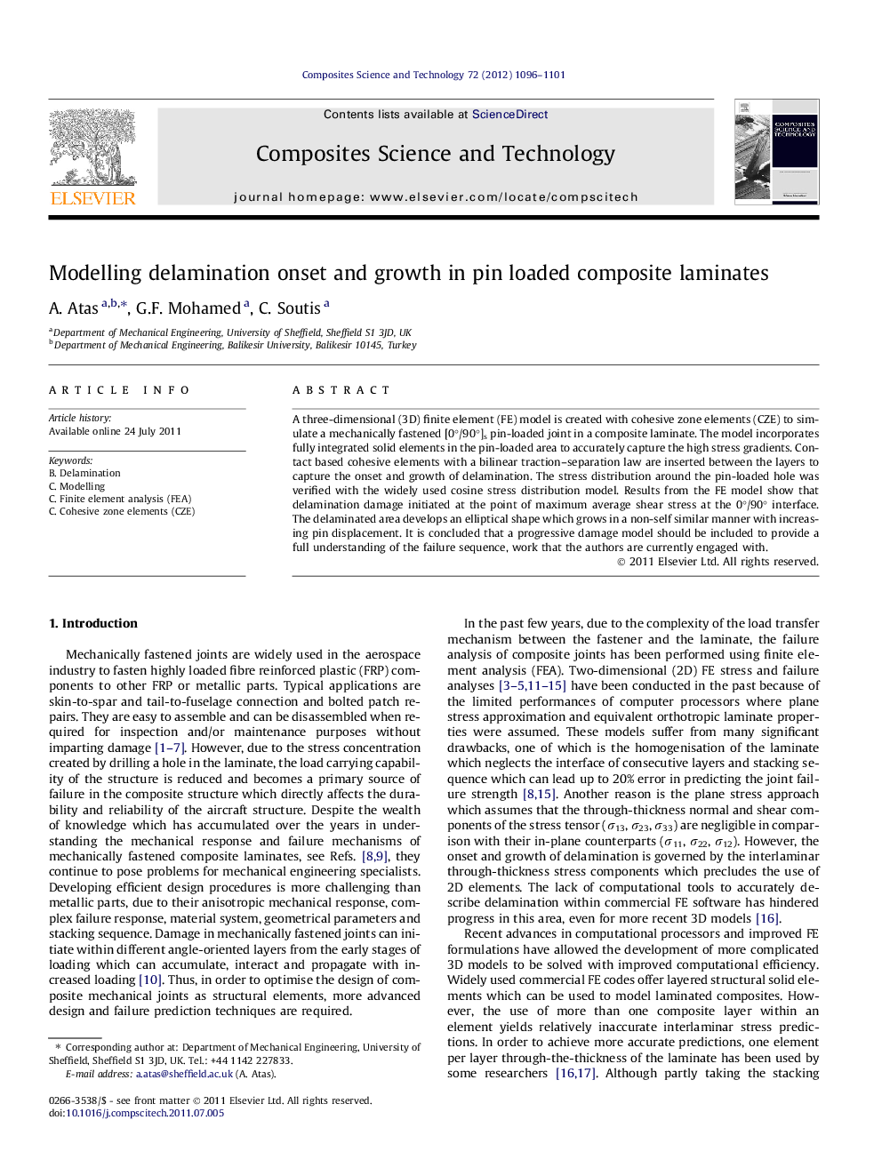 عکس صفحه اول مقاله: Modelling delamination onset and growth in pin loaded composite laminates Modelling delamination onset and growth in pin loaded composite laminates