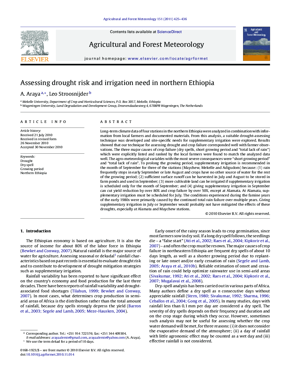 Assessing drought risk and irrigation need in northern Ethiopia