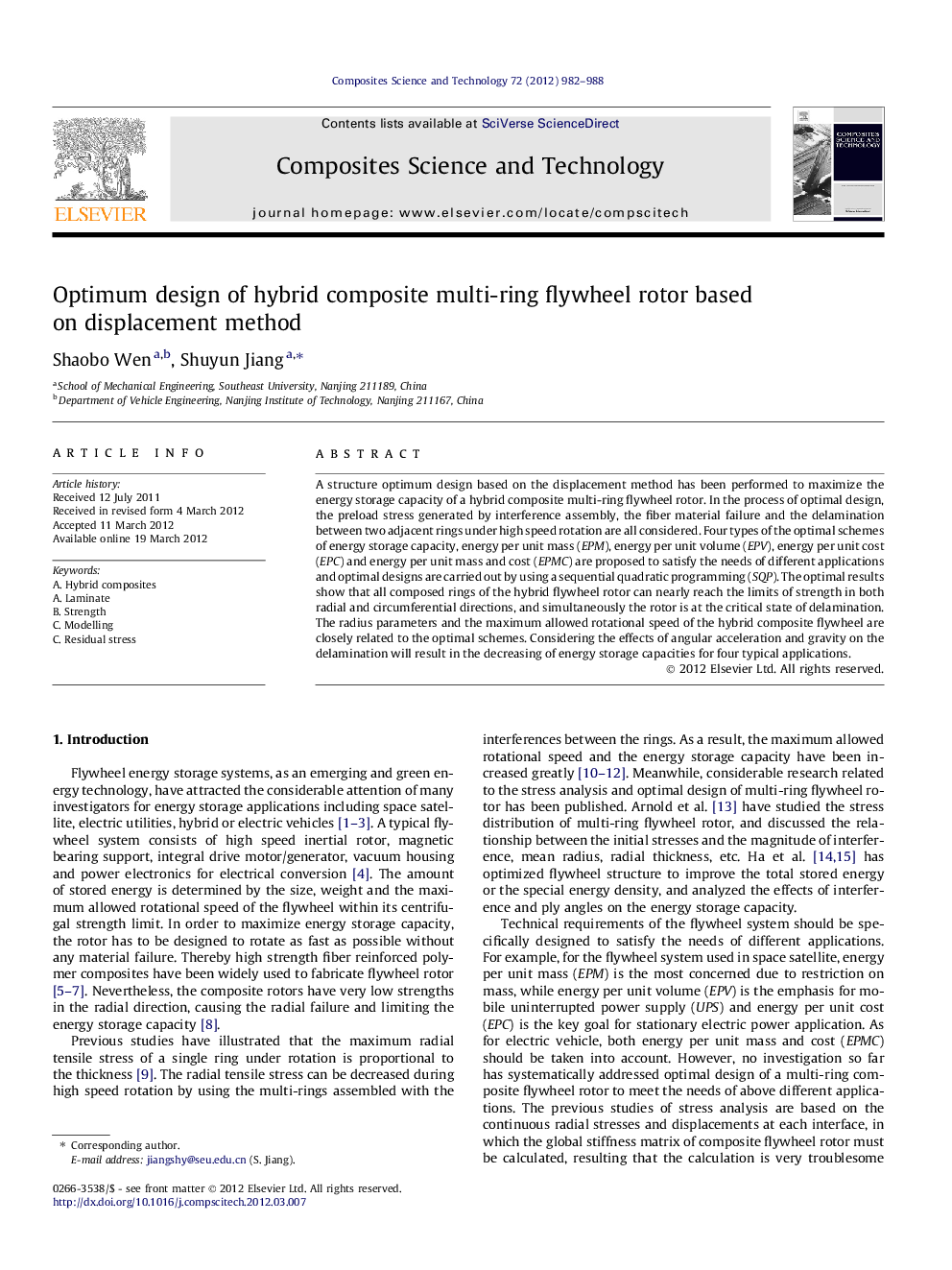 Optimum design of hybrid composite multi-ring flywheel rotor based on displacement method