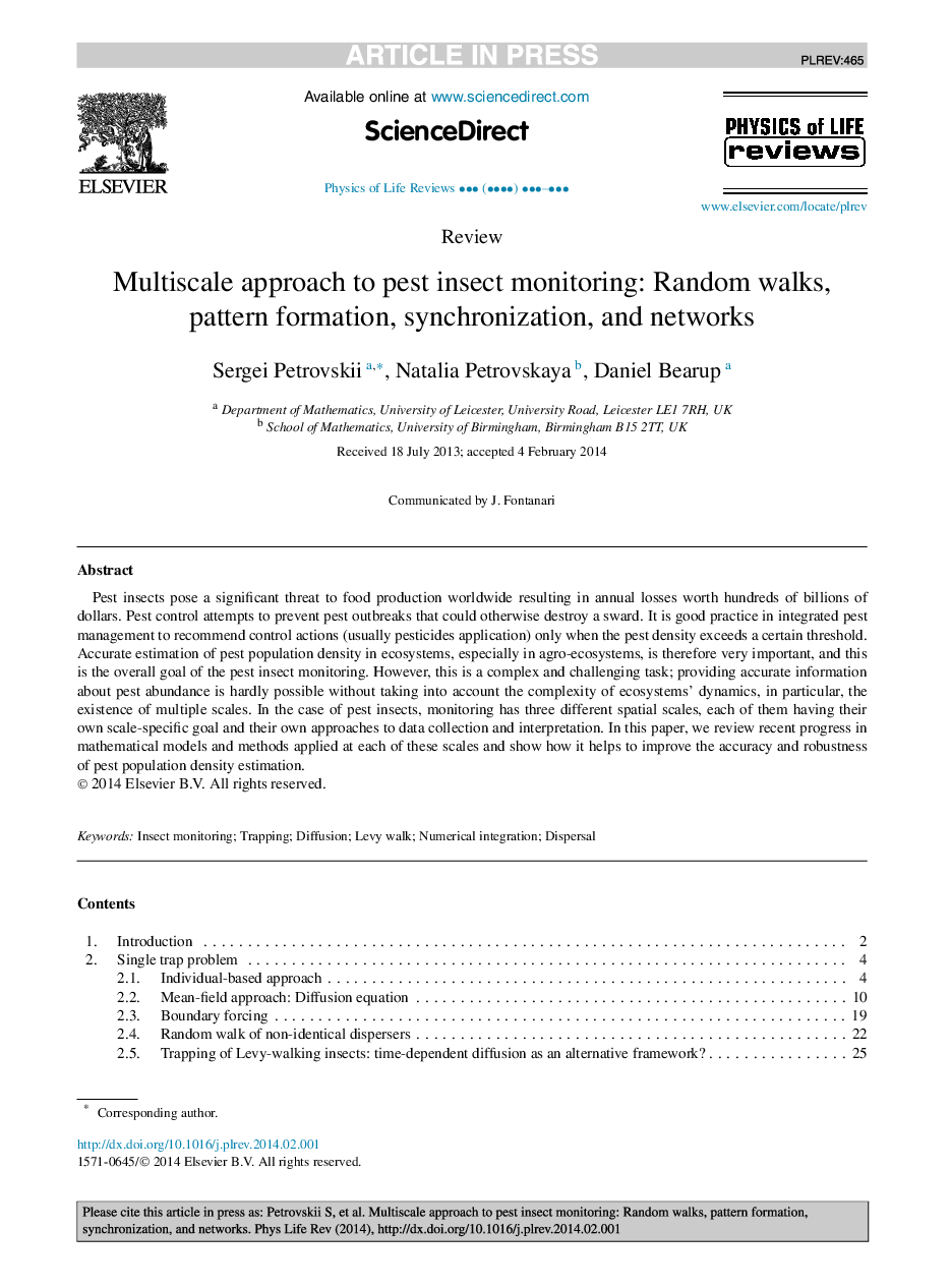 Multiscale approach to pest insect monitoring: Random walks, pattern formation, synchronization, and networks