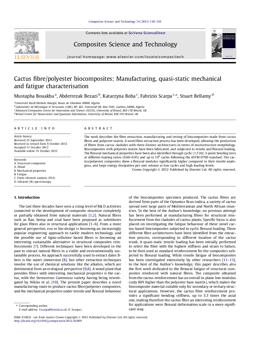 Cactus fibre/polyester biocomposites: Manufacturing, quasi-static mechanical and fatigue characterisation