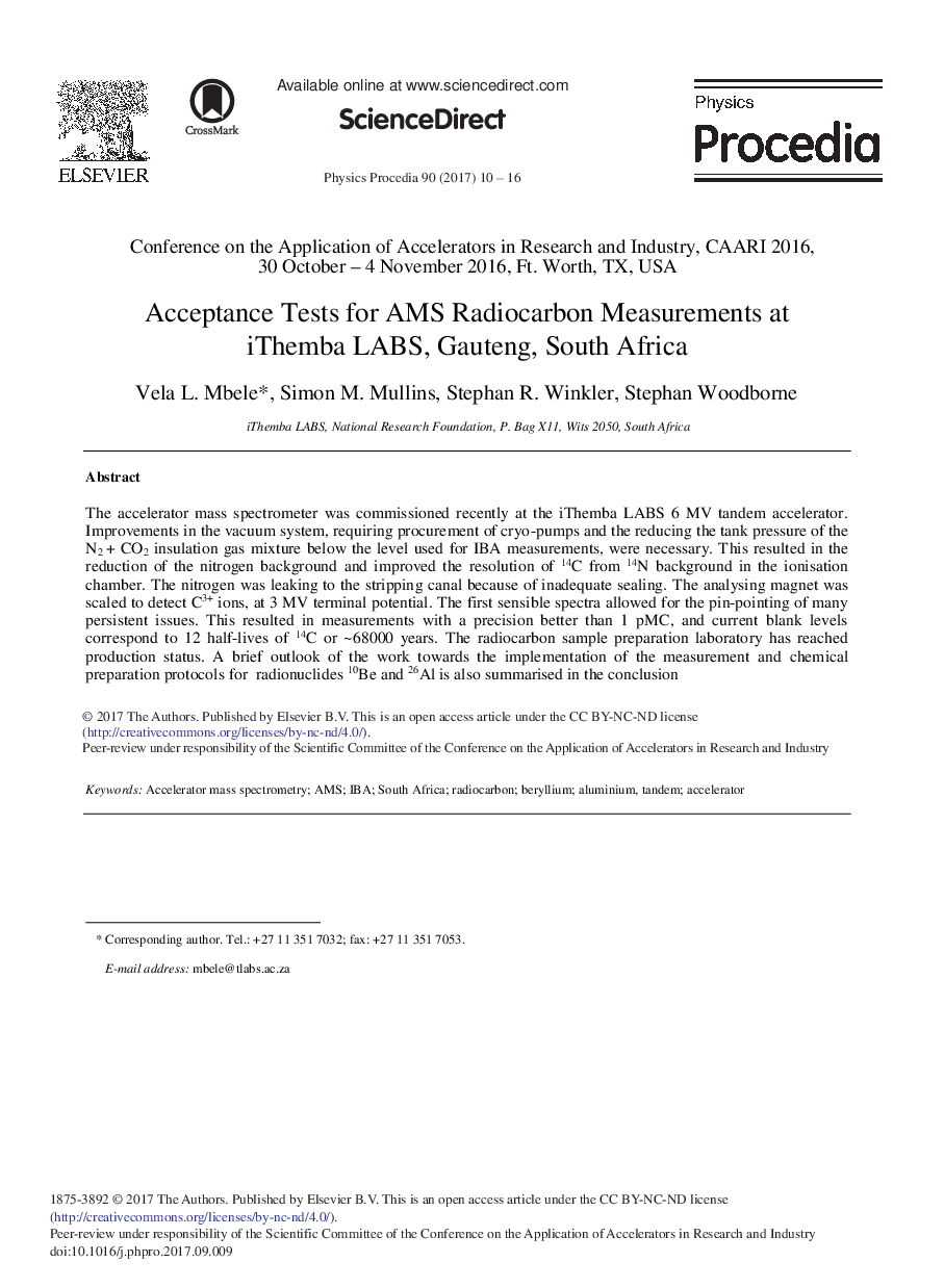 عکس صفحه اول مقاله: Acceptance Tests for AMS Radiocarbon Measurements at iThemba LABS, Gauteng, South Africa Acceptance Tests for AMS Radiocarbon Measurements at iThemba LABS, Gauteng, South Africa