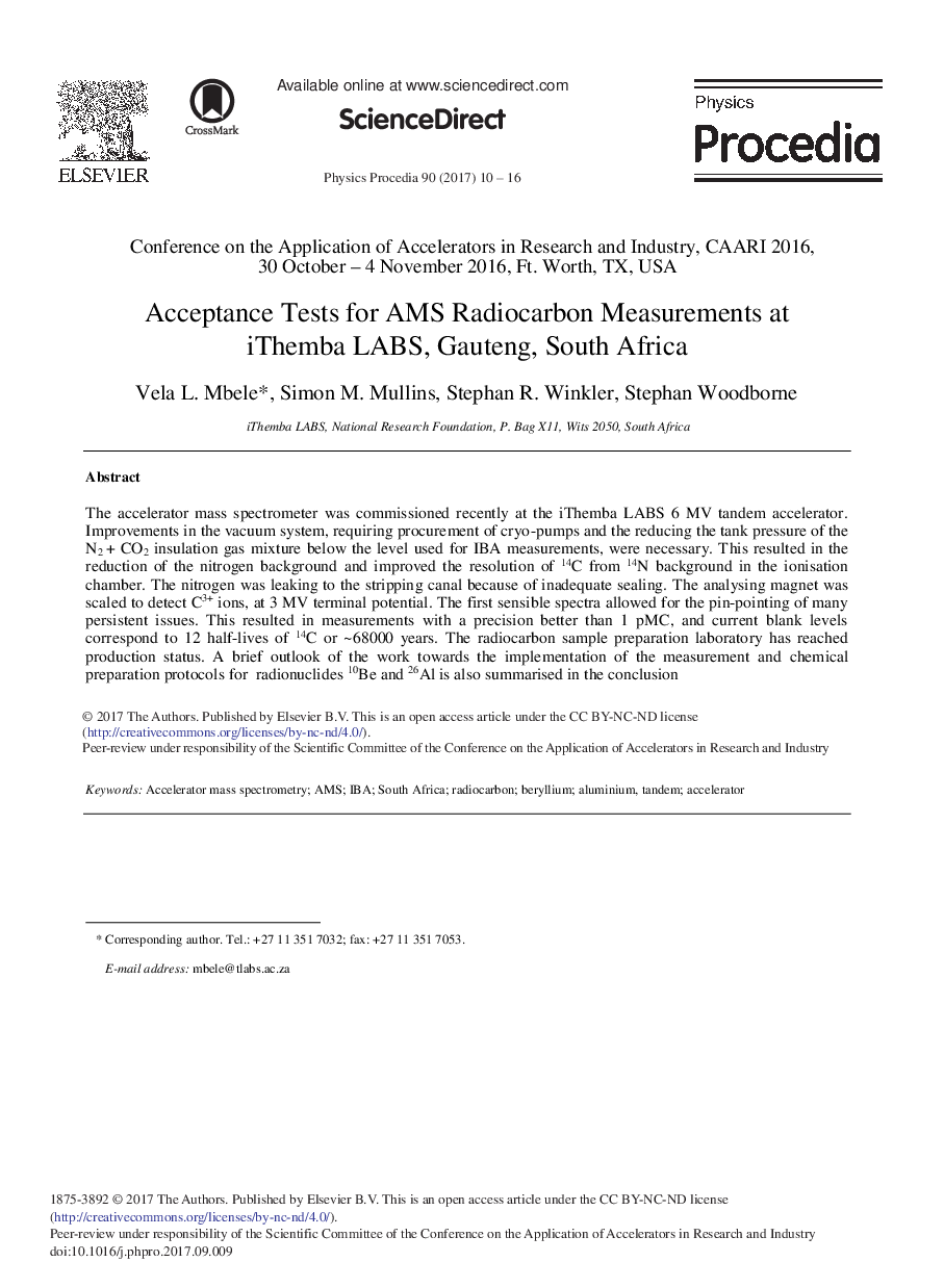 Acceptance Tests for AMS Radiocarbon Measurements at iThemba LABS, Gauteng, South Africa