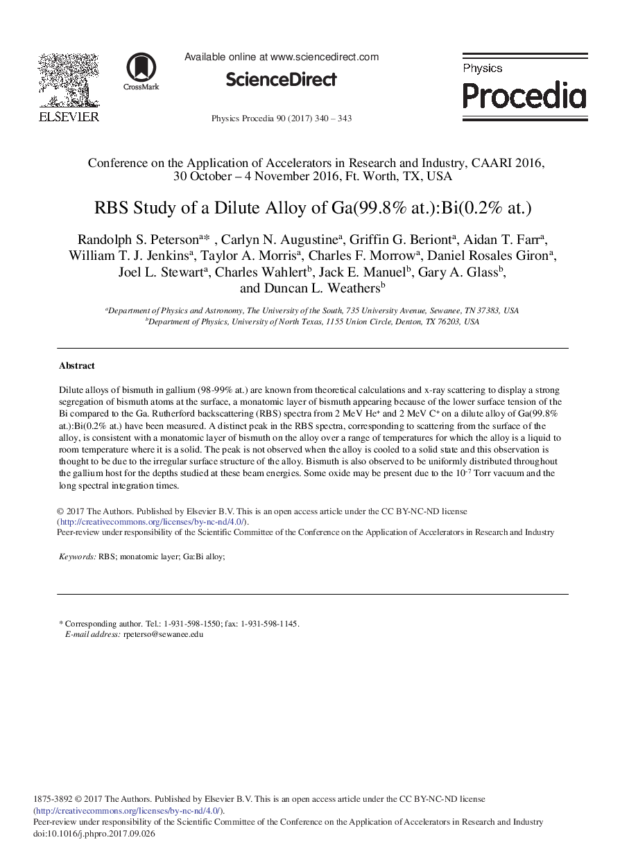 RBS Study of a Dilute Alloy of Ga(99.8% at.):Bi(0.2% at.)