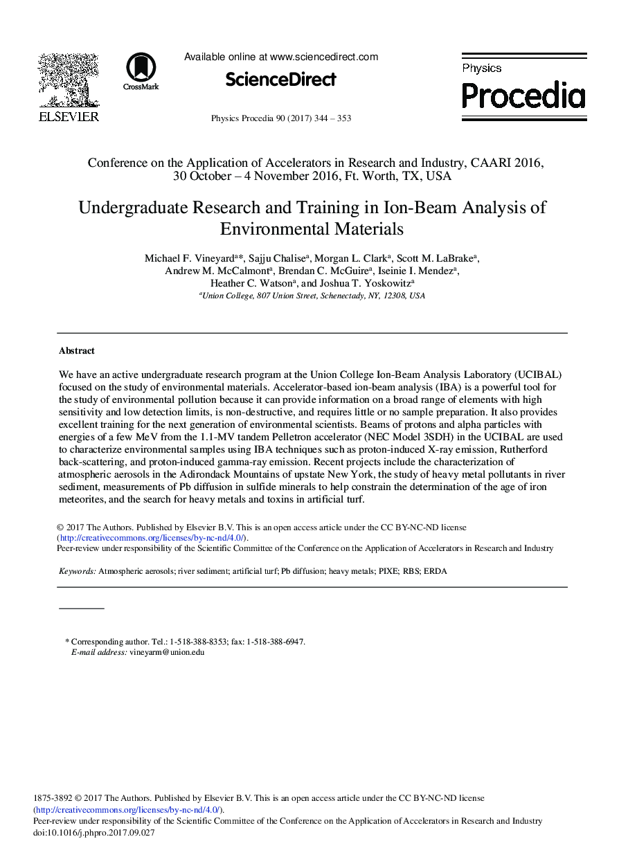 Undergraduate Research and Training in Ion-Beam Analysis of Environmental Materials